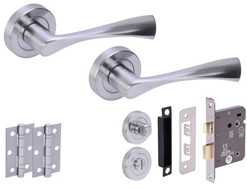 Hunta HANDLEZONE® Zena Door Handles on Rose Bathroom Lock Pack with Ball Bearing Hinges - Satin Chrome