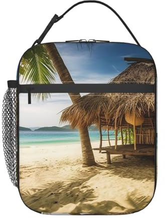 Insulated Lunch Bag Adults Reusable Lunch Boxes Bamboo hut on a Beach Tote Pack for Work, Office, Outdoor