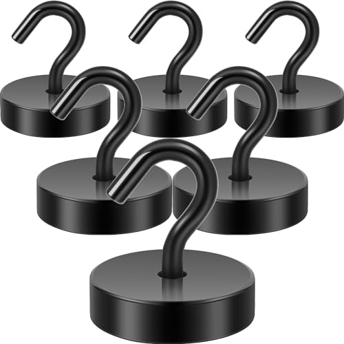 Neosmuk Lot de 6 crochets magnétiques noirs de 6 kg - Aimants de terre haute performance avec crochets pour réfrigérateur - Crochets de croisière extra puissants à suspendre (noir)