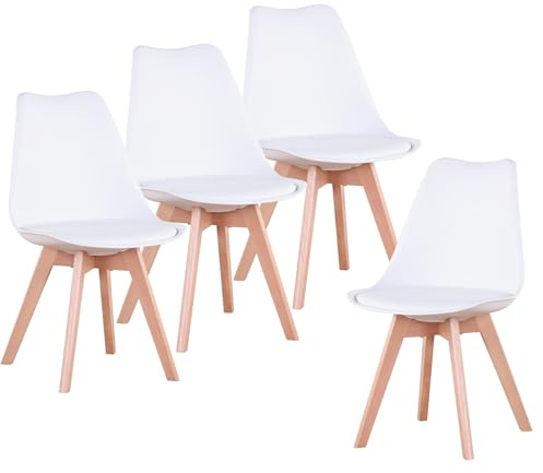 Uderkiny Juego de 4 Sillas de Comedor, Sillas Escandinavas, Patas de Madera Maciza, Diseño Nórdico Ergonómico, Ideal para Comedor, Salón, Cocina, Dormitorio (Blanco, 4)