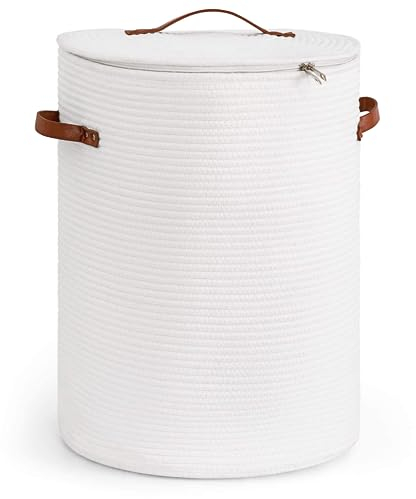 Wuciray Cesto portabiancheria bianco intrecciato con coperchio, rotondo, cesto portabiancheria Laundry Basket, grande capacità 58L 38 x 50 cm