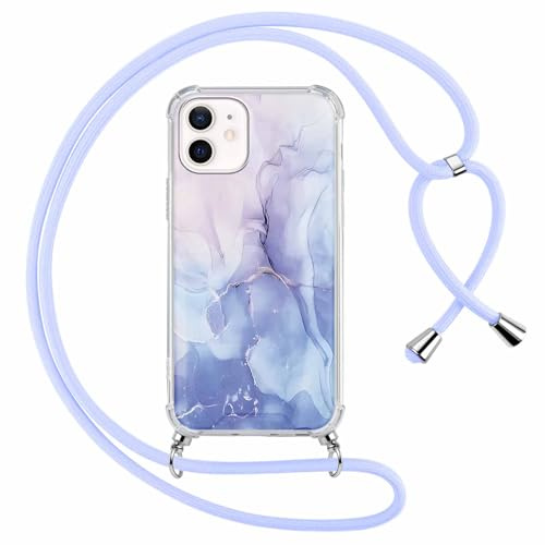 ZhuoFan Handyband für iPhone 12 Mini Hülle mit Band, Transparent Aesthetic Marmor Muster Handyhülle mit Kordel zum umhängen Necklace Case Silikon TPU + PC Stoßfest Schutzhülle, Blau