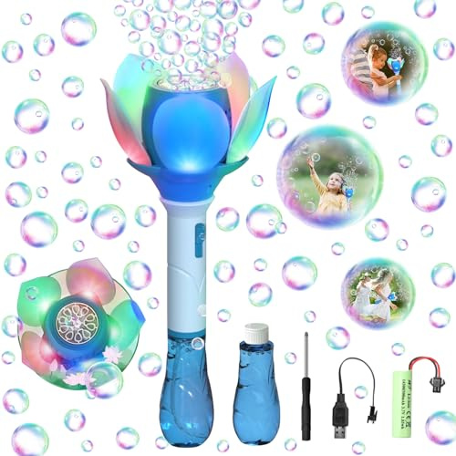 Såpbubbelmaskin, elektrisk lotusbubbelmaskin för barn, elektrisk bubbelstav med bubbellösning, bubbelstav 10000+ bubblor/minut, för utomhusbruk/fest/bröllop (blå)