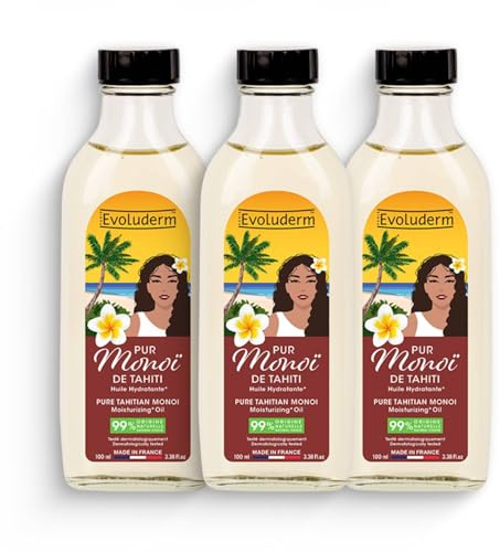 EVOLUDERM – Pur Monoï de Tahiti Huile Hydratante – 100 ml – 99% d’Origine Naturelle – Végan – Fabrication Française – Lot de 3 x 100 ml