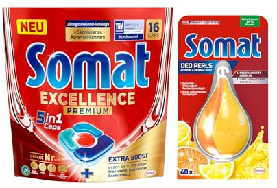 SOMAT 5in1 Caps 16 AW Excellence Premium, schnellauflösende Spülmaschinentabs, entfernen hartnäckige Essensreste + Somat Duo Power Experten Deo Perls 60 AW Zitrone & Orange Duft 17g