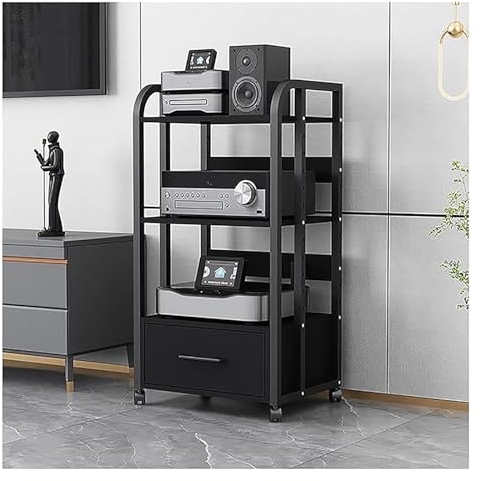 hifi rack Audio-Rack-Schubladenteiler auf Rollen – Medienregal aus Metall mit höhenverstellbarer Halterung – schwarzes Eck-Unterhaltungsregal, Aufbewahrungsständer für Schlafzimmer(With drawers 3 Tier