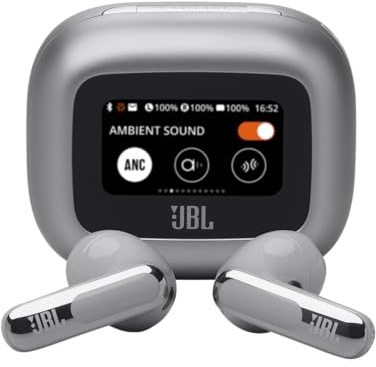JBL Live Flex 3, Écouteurs sans fil, Bluetooth, jusqu'à 50 h d'autonomie, Réduction de Bruit Active, son haute fidélité JBL Signature, étanches à l'eau IP54, argent