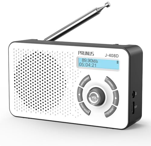 PRUNUS J-408 DAB Radio Portatile Ricaricabile, Radio Digitale Bluetooth, Mini Radiolina Portatile FM Supporta Batterie Sostituibili (AAA) con Jack, Doppia Sveglia per Camminare, Pescare (Bianco)