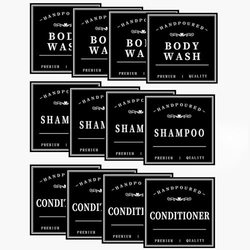 Lot de 12 étiquettes imperméables pour bouteilles, savon pour les mains, shampooing, après-shampooing, distributeur de savon, étiquettes autocollantes amovibles de nettoyage pour bouteilles en verre