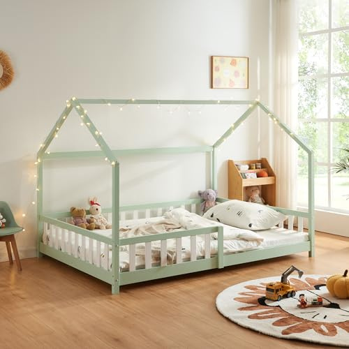 [en.casa] Kinderbett Hesel Hausbett Mintgrün 140 x 200 cm mit Rausfallschutz und Lattenrost Montessori Bodenbett Jugendbett Holzbett