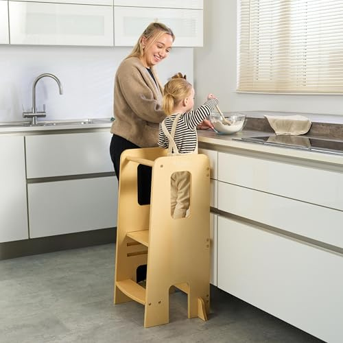 Tutti Bambini Montessori Learning Tower, Toddler Step Stool - Natural | Montessori toddler learning tower with 3 height settings, anti-tip safety design and wooden build for ages 2-7
