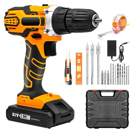 Taladro percutor inalámbrico de 21 V, taladro inalámbrico de 2100 rpm, 35 N.m, taladro percutor inalámbrico con batería de 2.0 Ah y cargador para jardín en casa