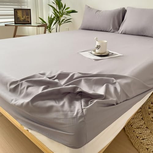 Spannbetttuch 180x220cm, Hellgrau Fitted Sheet Volltonfarben Bambusfaser Spannbetttuch + 2 Kissenbezüge
