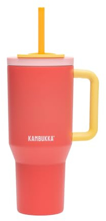 Kambukka Rio 950ml Tasse Isotherme avec Paille Télescopique - Acier Inoxydable, Boissons Froides +24 h, Sans BPA, Poignée de Transport, Compatible Lave-Vaisselle - Papaye Rose