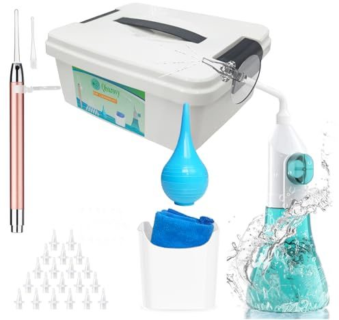 Ear Wax Removal Tool, Ear Cleaning Kits Safe Ear Irrigation Kit Ear Flush Kit for Adults Kids, Ear Wax Washer Device with LED Earwax Spoon, Basin, Bulb, Curette Kit, Towel, Tips, Storage Box Green