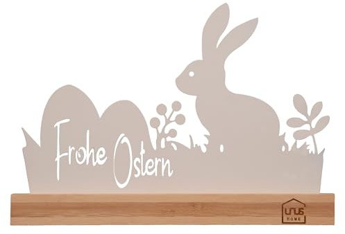 UNUS Osterdekoration Hase mit Frohe Ostern Schriftzug, Dekoaufsteller | aus Metall und Bambus, Frühlingsdeko für Fensterbank, Tisch & Sideboard, Stilvolle Osterdeko in Weiß