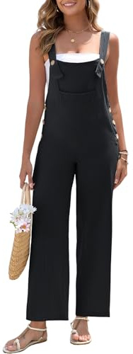 HOTIAN Salopette da Donna in Lino, Elegante Jumpsuit Estivo, Pantaloni Lunghi in Lino, Casual, ampi Overall con Tasche Grandi, Bib Pants, Beige, Taglia S, Nero , S