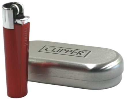 Briquet Clipper Métal, Rouge et Argenté, Rechargeable avec Étui, 7,5 x 1,7 cm