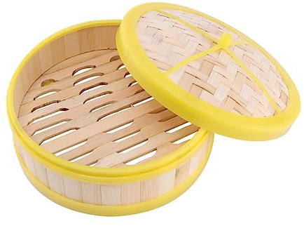 IMIKEYA Bamboo Steamer Single Tier Basket Lid 20cm Yellow Edge Bamboo Dim Sum Steamer Basket for Cooking Buns Dumplings Vegetables Rice