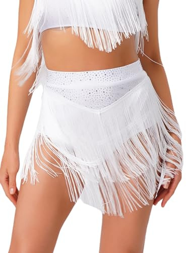 Sinleey Jupe de Danse Latine Femme à Franges Strass Jupe avec Slip Intégré Costume Danse de Salon Rumba Chacha Samba Salsa