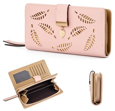 Portefeuilles et Porte-Cartes Femme Grand Format, Portefeuille à Boutons-Pression en Forme de Feuille, Porte Chequier Monnaie Femme Cuir Wallet, Portafoglio Donna, 11 Emplacements de Cartes (Rose)