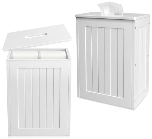 White Slimline Bathroom Storage Unit with Lid Toilet Roll Paper Cabinet Wooden Toilet Cleaning Tidy Box for Cleaning Products, Toilet Roll & More, Multi-Purpose Bathroom Tidy Storage Box, 27x14x35cm
