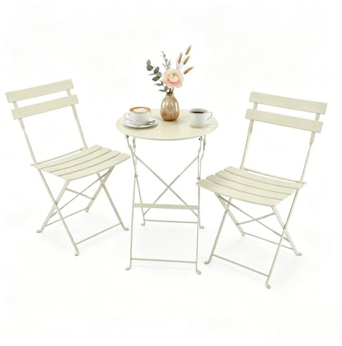 BreezTerra bistrotisch mit 2 stühlen, gartenmöbel Set, 3-teilig, Hergestellt aus wetterfestem Stahlmaterial, 1 Tisch mit 2 Stühlen, Klappbare Balkonmöbel für Balkon,Terrasse und Garten (Beige)