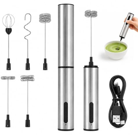 Mousseur à Lait électrique: Portable Mini Fouet Electrique, USB-C Rechargeable Mousseur à Main Sans Fil Avec 3 Vitesses Et 5 Embouts Pour Café, Cappuccino, Latte, Matcha (Argent)
