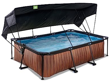 EXIT TOYS Piscine Wood avec Voile d'Ombrage - 220x150x65cm - Piscine Hors Sol Rectangulaire avec Pompe Filtrante à Cartouche - Protection Optimale Contre Les Rayons UV - Entrée Basse - Marron