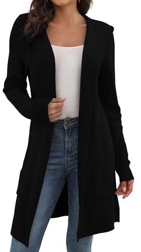 JUOIANTANG Womens Long Hooded Cardigans Gestrickte Jacken with Pocket Kapuze Frühling Lässig Strickcardigan Langärmelig Schwarz XL