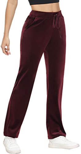 COZZIPLUS Womens Velour Sweatpants, Straight Leg Velvet Lounge Pants for Women, Womens Velour Sweatpants with Elastic Waistband (Wine,Large)