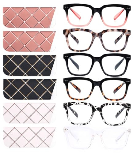 CHOFILORD 6 Pack Fashion Reading Glasses for Women Men Blue Light Blocking Oversized Square Readers with Spring Hinge (6 Pack Mix, 2.25)