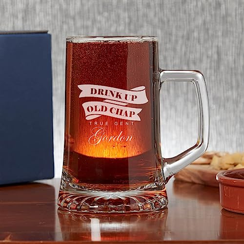 Personalised Engraved Glass Beer Mug - Personalised Glass Beer Pint Glass Tankard in Drink Up Old Chap Design Gifts for Husband Boyfriend Birthday Dad Laser Engraving, Dishwasher Safe