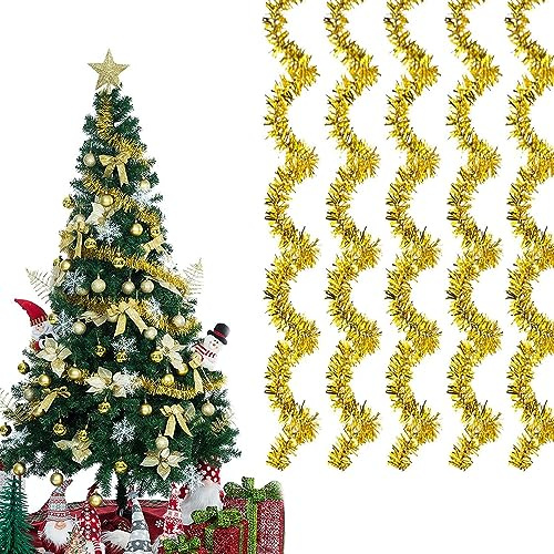 12M Weihnachten Lametta Girlande, Metallische Lametta Girlanden, Weihnachtsschmuck, Weihnachtsbaum Hängende Dekorationen Für Weihnachten, für Weihnachten Party Indoor und Outdoor Dekoration(Gold)