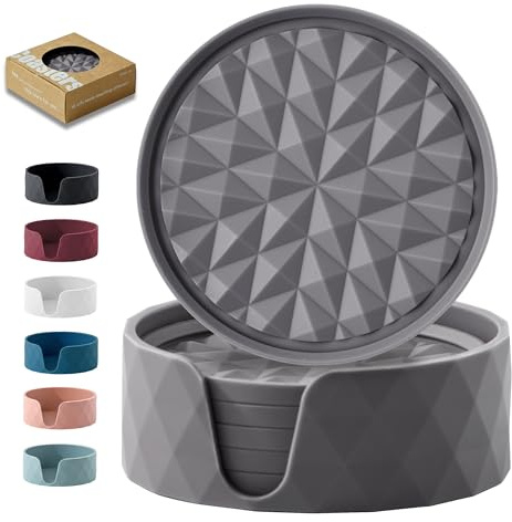 Wingcases Silicone Coasters for Drinks[6 pcs]- Cup Mat with Holder for Tabletop Protection-Non-Slip, Non-Stick, Coffee Table Decor, Great Gift for Any Occasion, Dark Grey