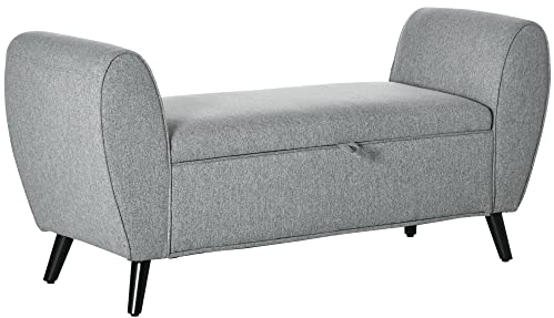 HOMCOM Sitzbank mit Stauraum, Bettbank, Polsterbank mit Leinenoptik, Truhenbank mit Armlehne, Aufbewahrungsbox, für Wohnzimmer, Schlafzimmer, Hellgrau, 140 x 49 x 68 cm