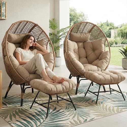 NICESOUL Outdoor Egg Chair w/Ottoman, Oversized Egg-Shape Chair with Cushion Set of 2, Double Egg-Seat 440lbs for 2 Person, Bohemian Style Cozy Lounger for Patio, Indoor, Living Room, Relax, Brown