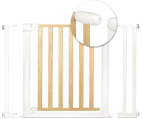 Nukido Treppenschutzgitter Ohne Bohren Türschutzgitter 90° Stop Türgitter Baby Kinder Kindergitter Schutzgitter Breite Verstellbar 74-105 cm Braun Weiß 74 x 105 x 77 cm