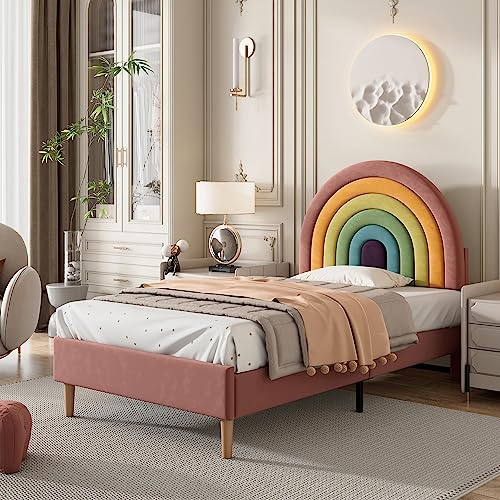 Polsterbett Kinderbett 90 x 200 cm, Bettrahmen mit höhenverstellbares Regenbogen-Kopfteil und Lattenrost Samt Einzelbett Doppelbett Jugendbett Gästebett Bettgestell Für Erwachsene & Jugendliche, Rosa