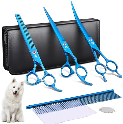 Purple Dragon 8 Hundescheren Set Profi 3 in 1 Fellschere Set für Hunde -Blau Hundeschere Set Gerade, gezahnte und gebogene Scheren sind enthalten Für Hunde für Katzen Und Andere Tiere