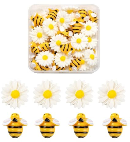 BEEFLYING Bienen Gänseblümchen Deko Tortendeko Flacher Rückseite, 50 Stück | Harz Cabochons Kunstharz für Geburtstag Kuchendekoration Scrapbooking Bastelbedarf Dekoration Telefon Haarspangen