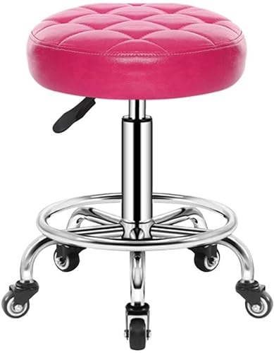 Rollhocker mit Rollen, Hocker auf Rollen, Drehhocker auf Rollen, verstellbarer Rollhocker, 46–61 cm, gepolsterter Sitzbezug mit synthetischem Drehstuhl (Farbe: Rosa)