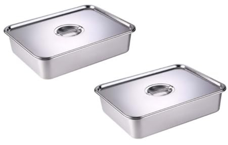 GRFELI Edelstahlpfannen mit Deckel, Dampftischpfanne, Edelstahl-Behälter-Set, stapelbare Metalldampfgarpfanne (36 x 27 x 10 cm(Containers -2 + Lid -2))