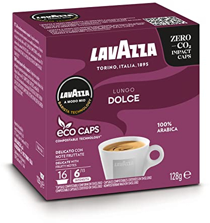 Lavazza A Modo Mio Lungo Dolce, 96 Coffee Capsules, with Aromatic Notes of Dried Fruits, for a Sweet Espresso, 100% Arabica, Intensity 6/13, Medium Roasting, 6 Packs of 16 Coffee Pods