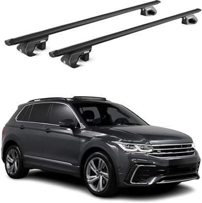 OMAC Dachträger für VW Tiguan Allspace 2016-2023 Schwarz Aluminium | TÜV geprüft, bis 90 kg Traglast, T-Nut-Befestigung, für Standard-Dachreling geeignet, Querträger, Grundträger