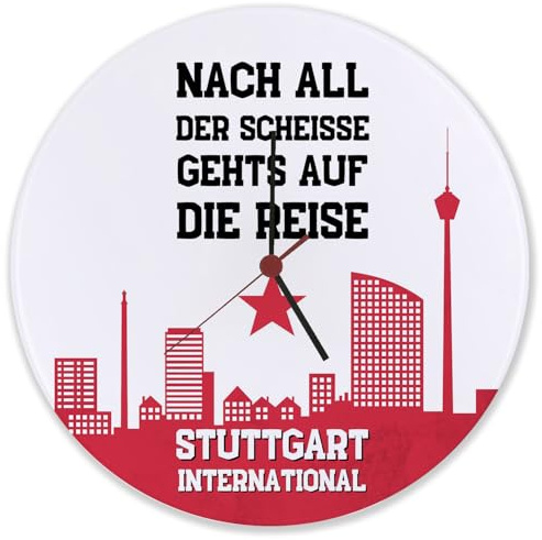 speecheese Stuttgart Europapokal Wanduhr aus Glas mit Spruch Stuttgart International Bad-Cannstatter Kurve Fan-Gesang Ideal für Stuttgart-Fans Fußball-Liebhaber