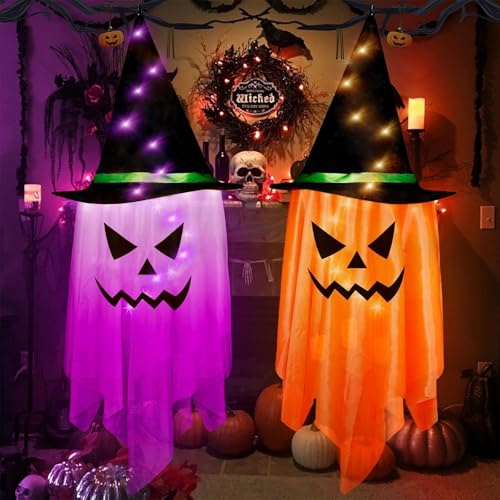 Halloween Geister Deko Garten Outdoor,Hängelicht Deko Hexenhut | 2 Stück Glow Indoor Outdoor Dekorationen mit LED-Lichtern ,Hängende Gespenster Deko Halloween Party Haus Bäume.