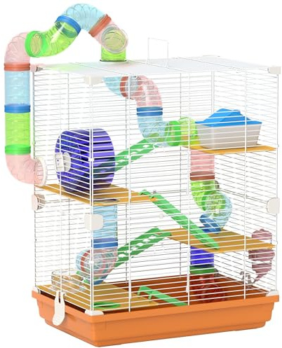 Pawhut 5 Tier Hamster Cage, Gerbil Cage with Tube Exercise Wheels, Tunnel, Water Bottle, Dishes, Orange, 58H x 46L x 30Wcm