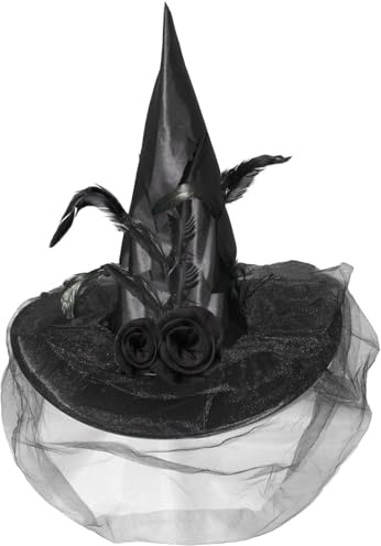 Hatstar Halloween Hexenhut, verziert mit Schleier, Rosen & Federn, Kostüm Accessoire für Damen & Kinder, Kostümhut für Karneval und Fasching