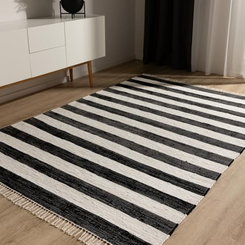 benuta Basic Bomullsmatta Tom - Svart/Vit 120x170 cm - Handvävd vardagsrum - 100% återvunnen bomull - Lämplig för golvvärme